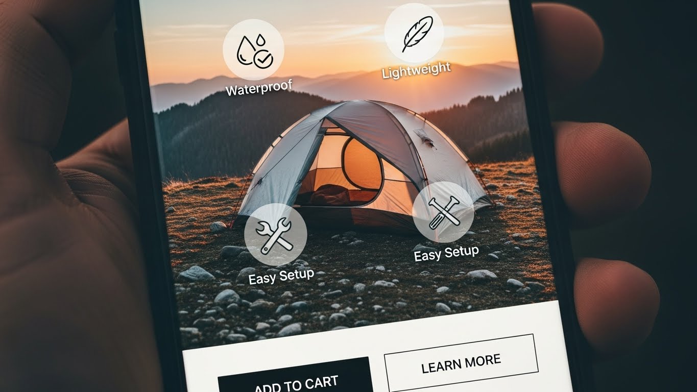 Ảnh chụp cận cảnh c&aacute;c t&iacute;nh năng của website lều du lịch tr&ecirc;n điện thoại di động. 