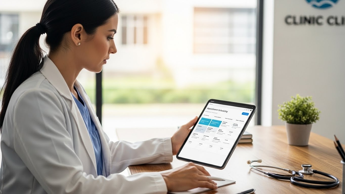 B&aacute;c sĩ đang sử dụng m&aacute;y t&iacute;nh bảng để truy cập website đặt lịch hẹn 