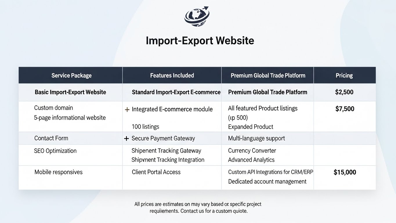 Bảng b&aacute;o gi&aacute; chi tiết dịch vụ thiết kế website xuất nhập khẩu 