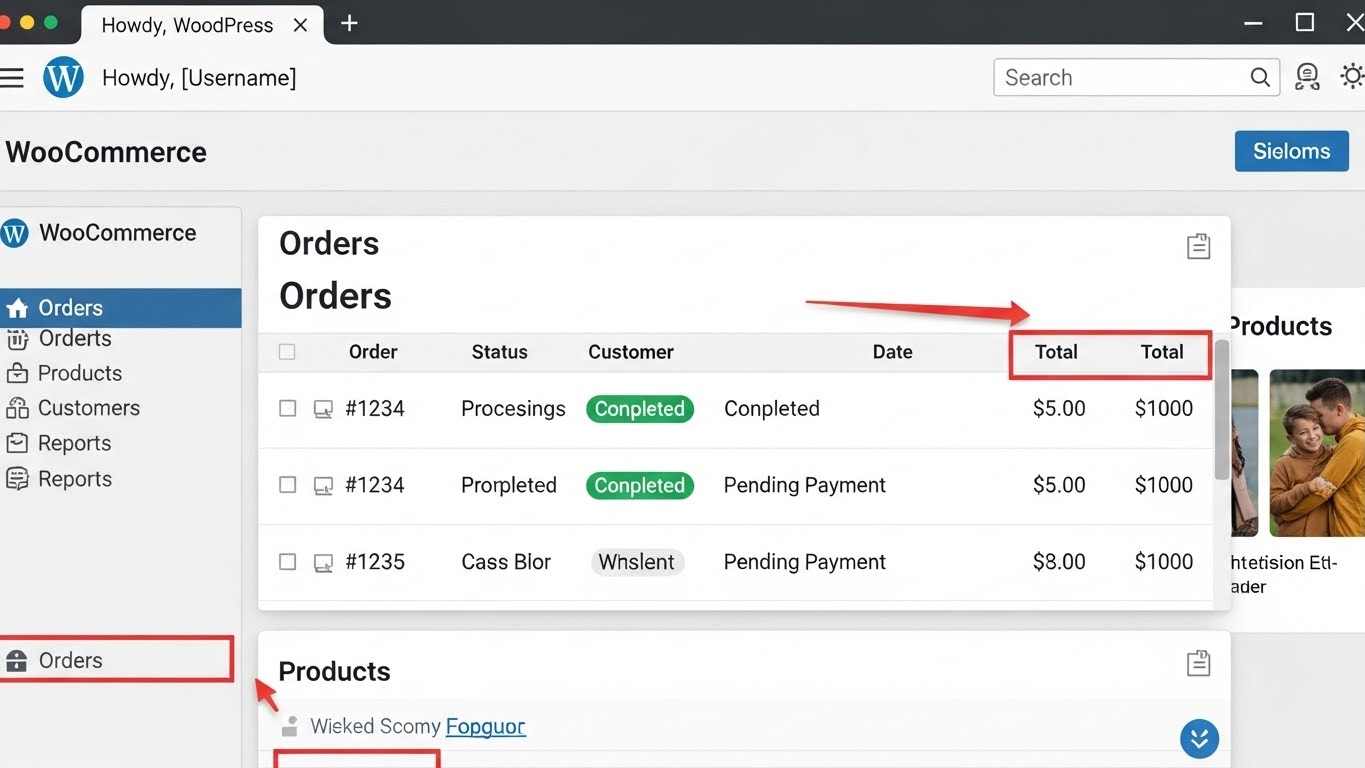 Bảng điều khiển quản trị website WordPress với plugin WooCommerce hiển thị đơn h&agrave;ng v&agrave; sản phẩm 