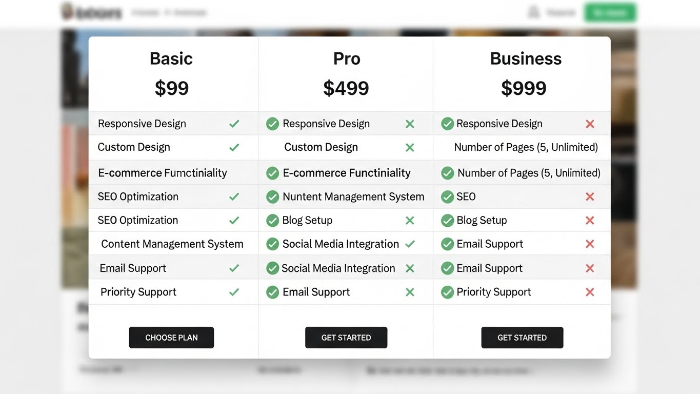 Bảng so s&aacute;nh 3 g&oacute;i dịch vụ thiết kế website Basic, Pro, Business với c&aacute;c mức gi&aacute; v&agrave; t&iacute;nh năng kh&aacute;c nhau. 
