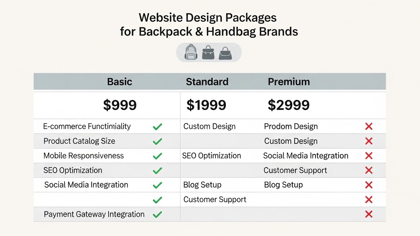 Bảng so s&aacute;nh c&aacute;c g&oacute;i dịch vụ thiết kế website balo, t&uacute;i x&aacute;ch với c&aacute;c mức gi&aacute; kh&aacute;c nhau 