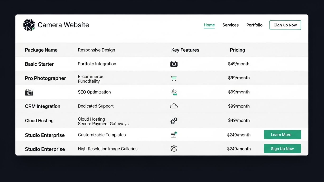 Bảng so s&aacute;nh c&aacute;c g&oacute;i dịch vụ thiết kế website b&aacute;n camera 