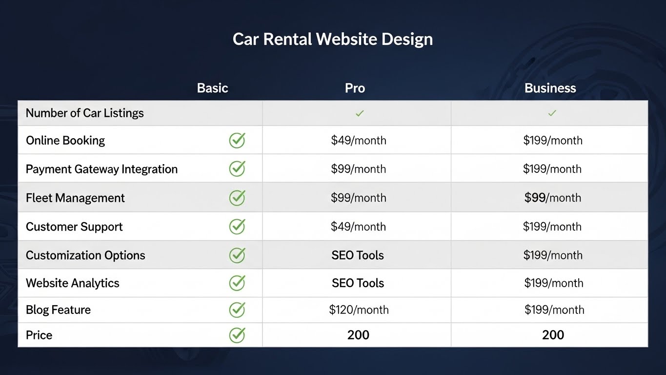 Bảng so s&aacute;nh c&aacute;c g&oacute;i dịch vụ thiết kế website cho thu&ecirc; xe Basic, Pro, Business 
