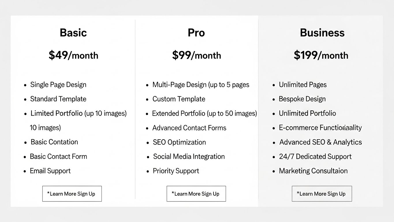 Bảng so sánh các gói giá thiết kế website studio Basic, Pro, Business