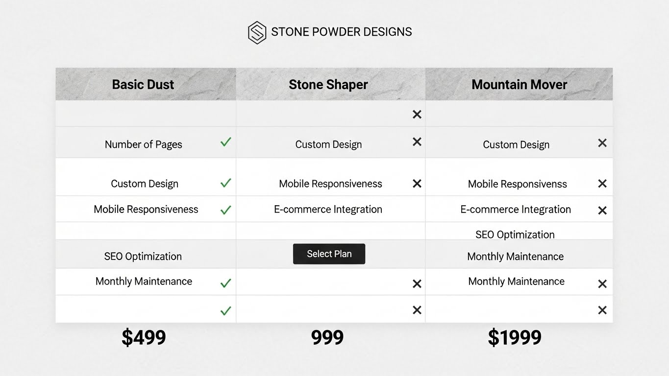 Bảng so s&aacute;nh c&aacute;c g&oacute;i thiết kế website bột đ&aacute; 