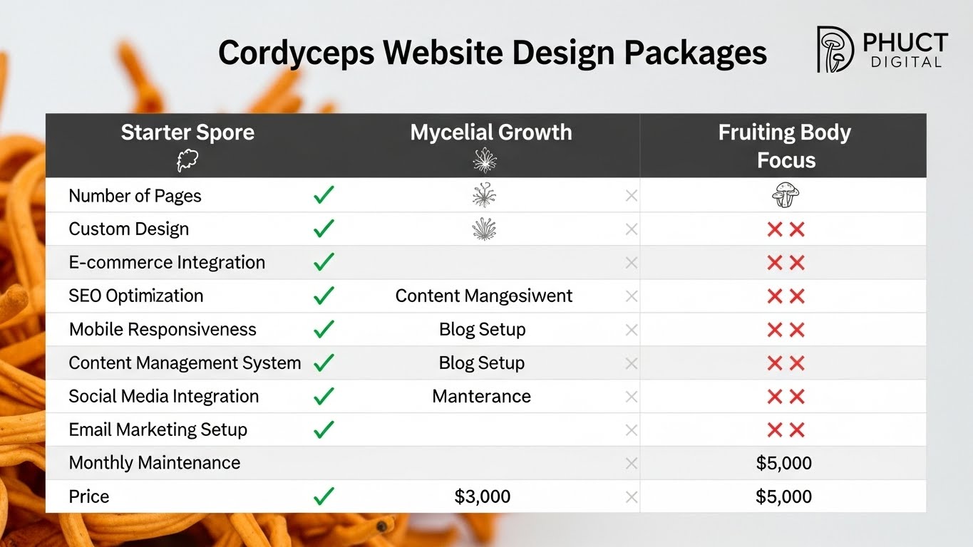 Bảng so s&aacute;nh c&aacute;c g&oacute;i thiết kế website đ&ocirc;ng tr&ugrave;ng hạ thảo của PhucT Digital 