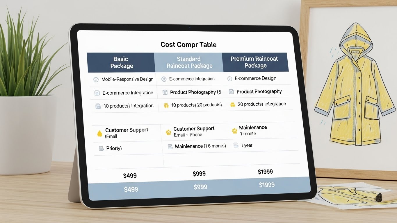 Bảng so s&aacute;nh chi ph&iacute; c&aacute;c g&oacute;i thiết kế website b&aacute;n &aacute;o mưa 