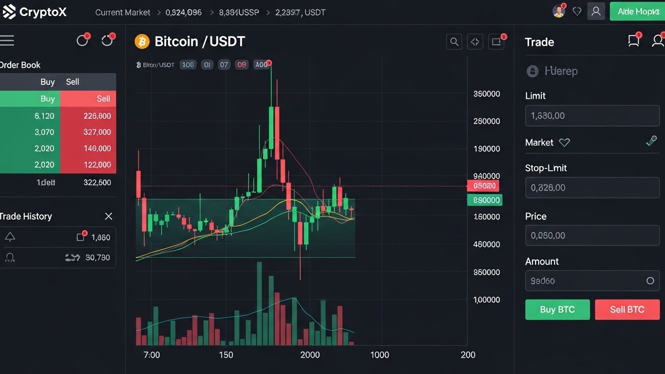 Biểu đồ nến v&agrave; sổ lệnh tr&ecirc;n giao diện dark mode của s&agrave;n crypto 