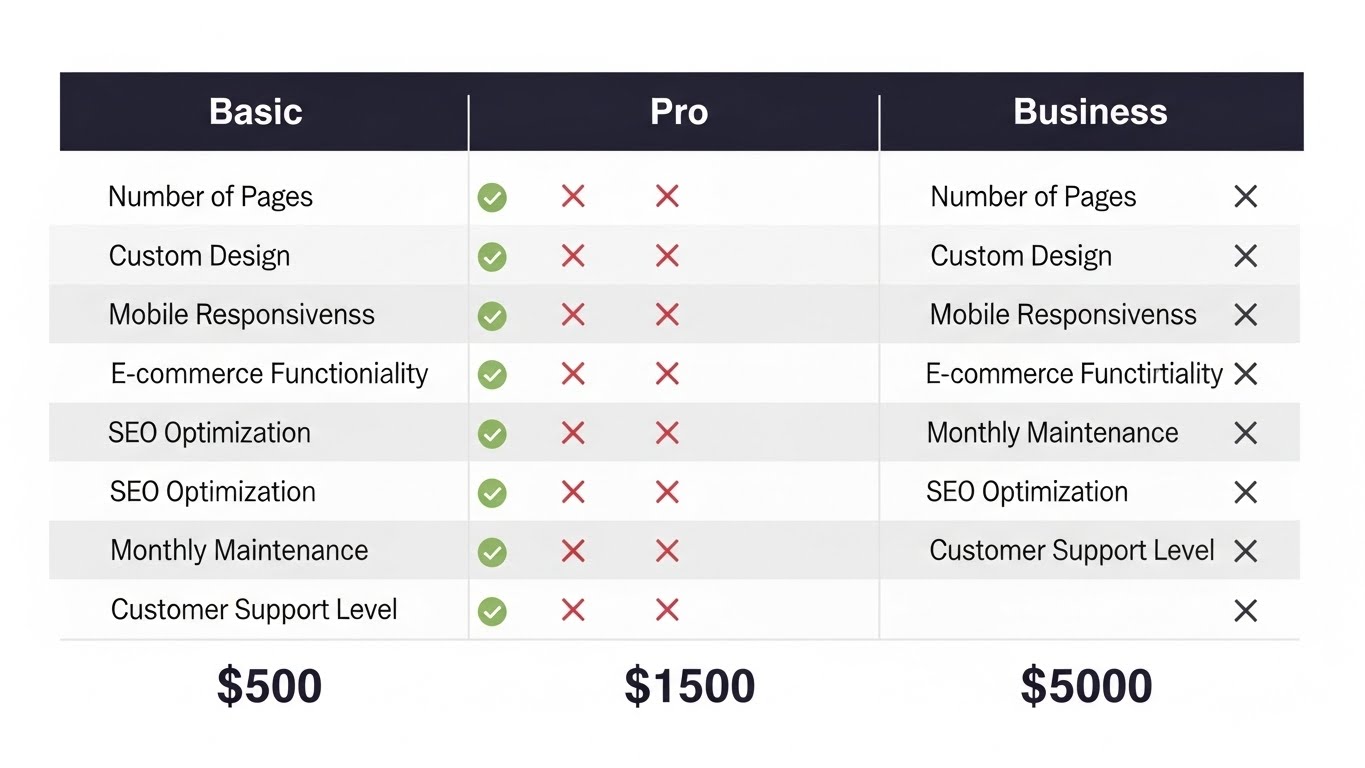 Biểu đồ so s&aacute;nh chi ph&iacute; giữa c&aacute;c g&oacute;i thiết kế website Basic, Pro v&agrave; Business. 