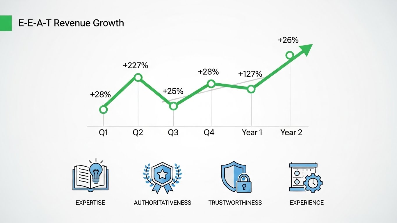 Biểu đồ tăng trưởng doanh thu v&agrave; biểu tượng E-E-A-T, thể hiện sự chuy&ecirc;n nghiệp v&agrave; uy t&iacute;n. 
