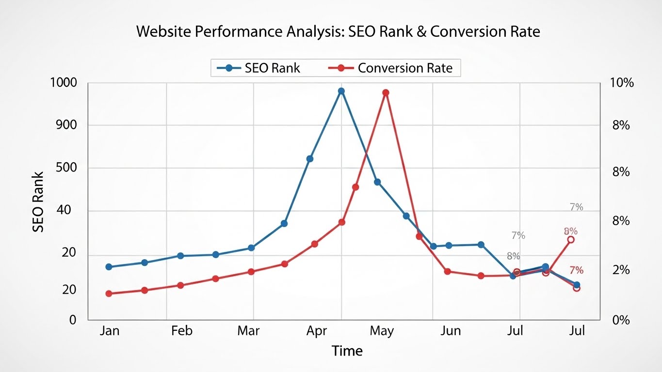 Biểu đồ thể hiện thứ hạng SEO và tỷ lệ chuyển đổi đang sụt giảm mạnh. 