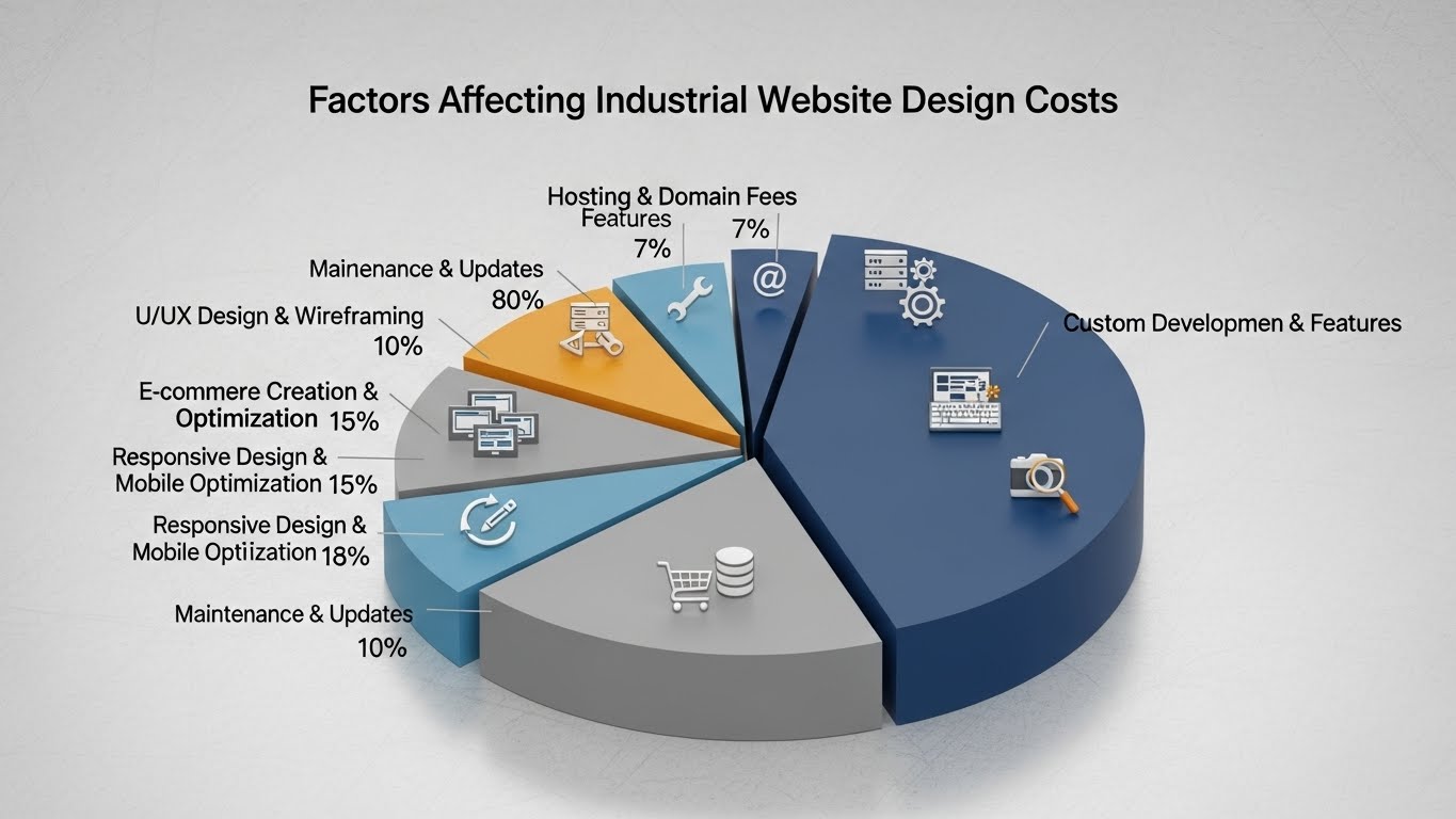 Biểu đồ tr&ograve;n thể hiện c&aacute;c yếu tố ảnh hưởng đến chi ph&iacute; thiết kế website c&ocirc;ng nghiệp 