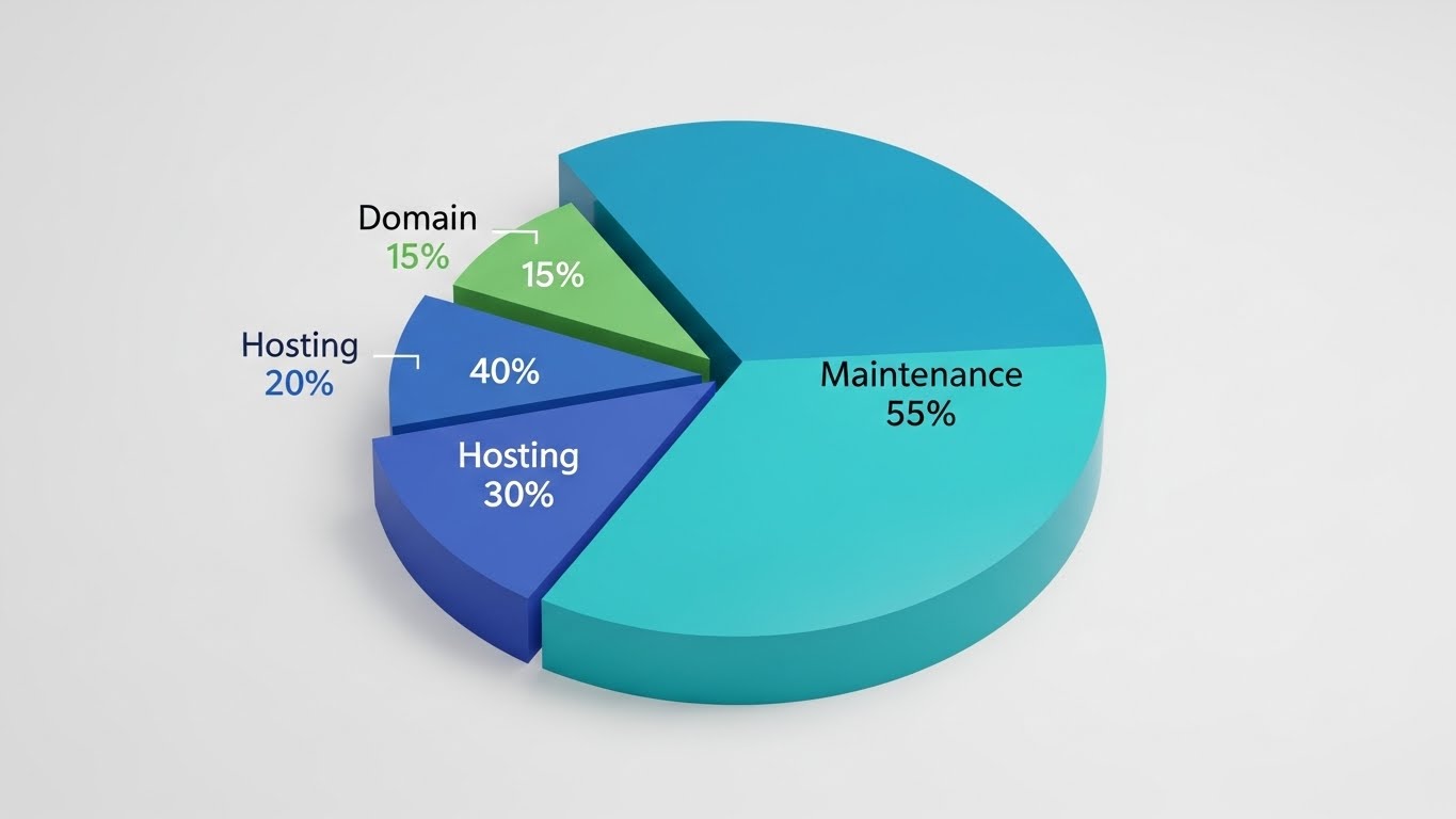 Biểu đồ tròn thể hiện chi phí duy trì website hàng năm: domain, hosting, bảo trì 