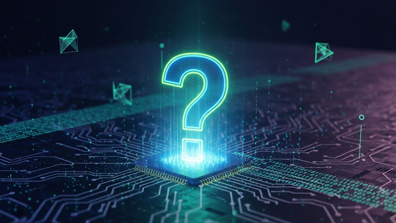 Biểu tượng dấu hỏi chấm được chiếu s&aacute;ng tr&ecirc;n nền c&ocirc;ng nghệ số 