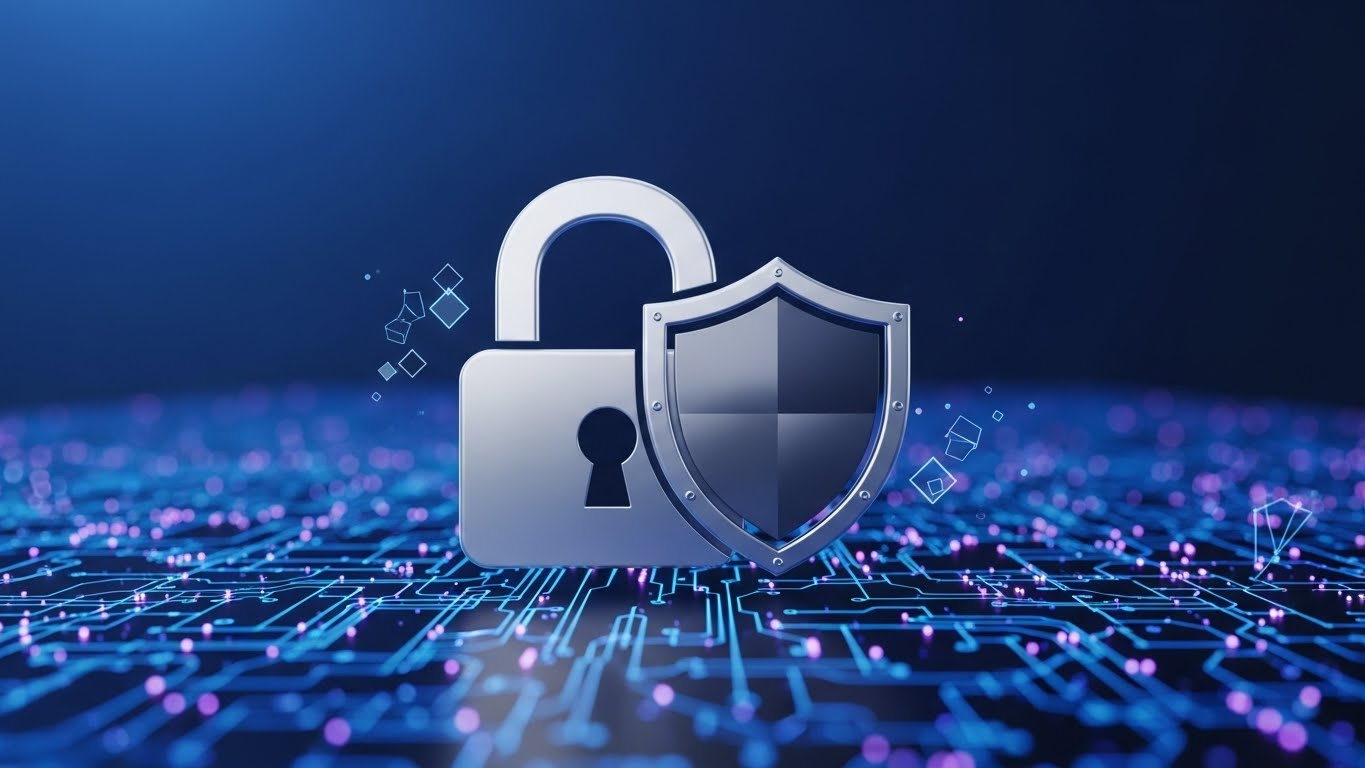 Biểu tượng ổ kh&oacute;a v&agrave; khi&ecirc;n bảo vệ tr&ecirc;n nền kỹ thuật số, thể hiện sự an to&agrave;n v&agrave; bảo mật 