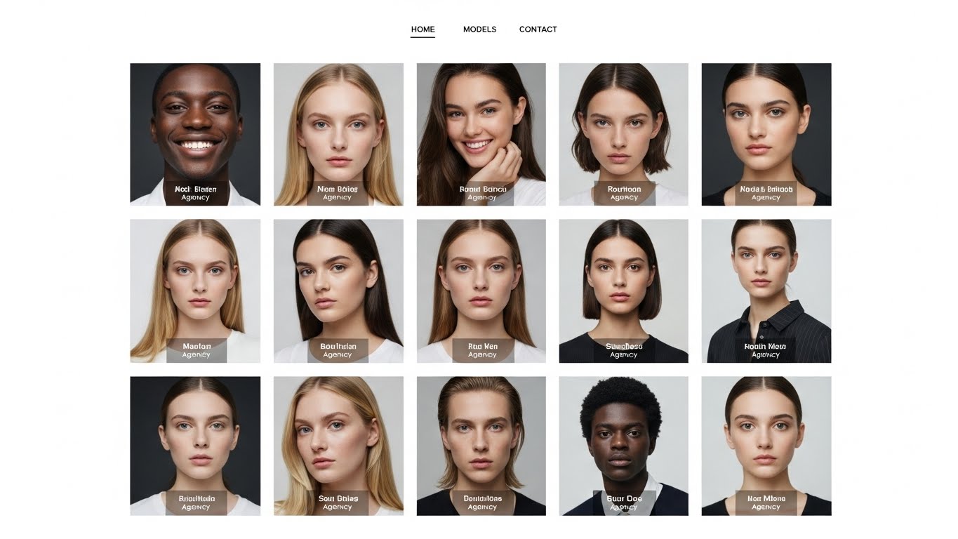 Bố cục portfolio người mẫu dạng lưới tr&ecirc;n website, hiển thị đa dạng gương mặt 