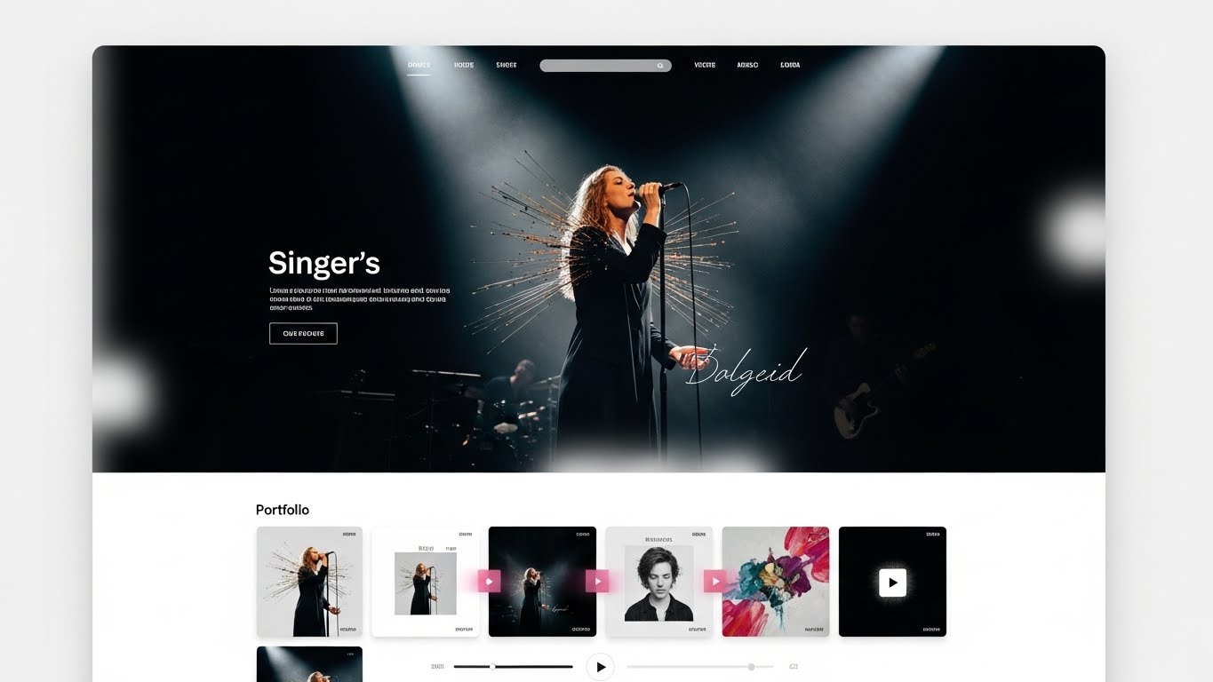 Bố cục website ca sĩ theo xu hướng tối giản, sử dụng h&igrave;nh ảnh lớn v&agrave; hiệu ứng động 