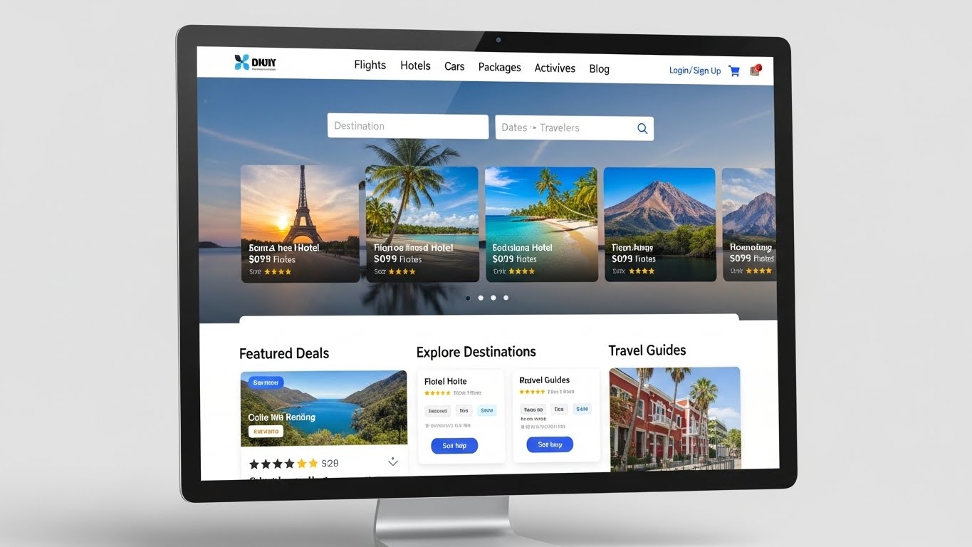 C&aacute;c t&iacute;nh năng cần c&oacute; của một website du lịch được hiển thị tr&ecirc;n m&agrave;n h&igrave;nh m&aacute;y t&iacute;nh 