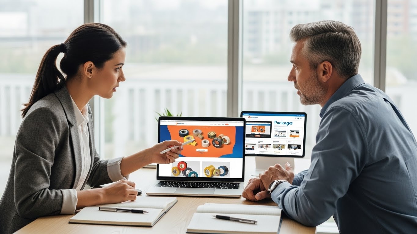 Chuy&ecirc;n vi&ecirc;n đang tư vấn cho kh&aacute;ch h&agrave;ng về c&aacute;c g&oacute;i thiết kế website b&aacute;n băng keo 