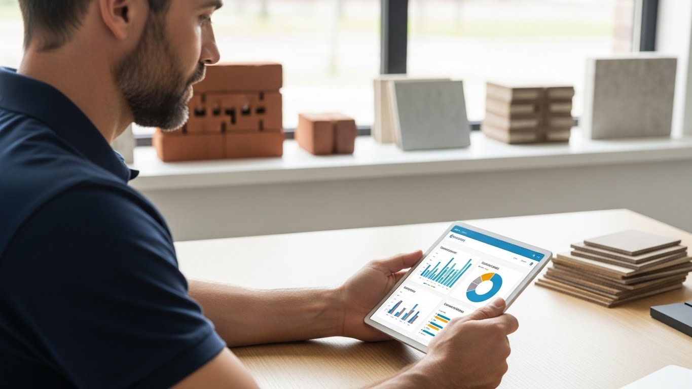 Doanh nh&acirc;n xem b&aacute;o c&aacute;o ph&acirc;n t&iacute;ch website vật liệu x&acirc;y dựng tr&ecirc;n m&aacute;y t&iacute;nh bảng 