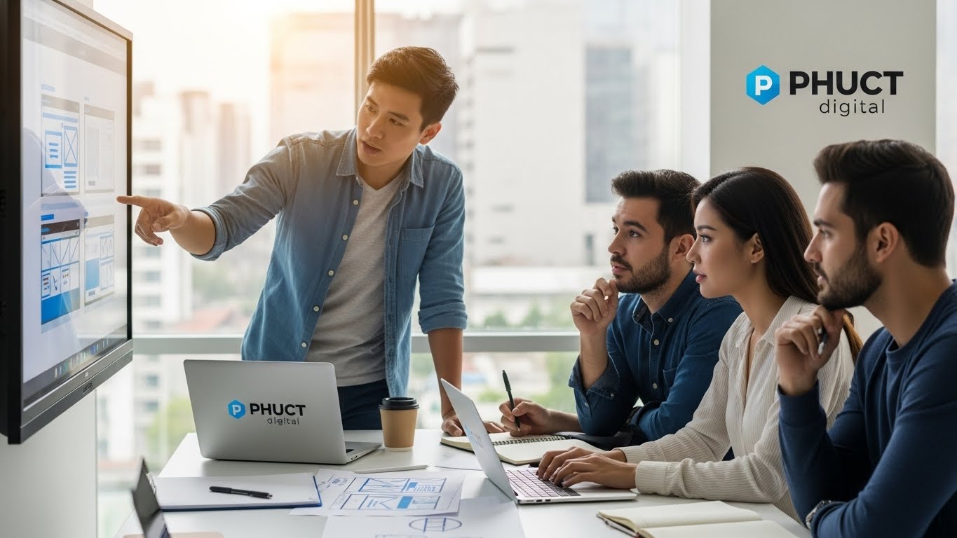 Đội ngũ chuy&ecirc;n gia của PhucT Digital đang hợp t&aacute;c trong một dự &aacute;n thiết kế website 