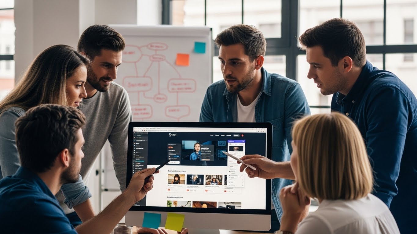 Đội ngũ chuy&ecirc;n gia của PhucT Digital đang thảo luận về dự &aacute;n thiết kế website tr&ecirc;n m&agrave;n h&igrave;nh m&aacute;y t&iacute;nh lớn. 