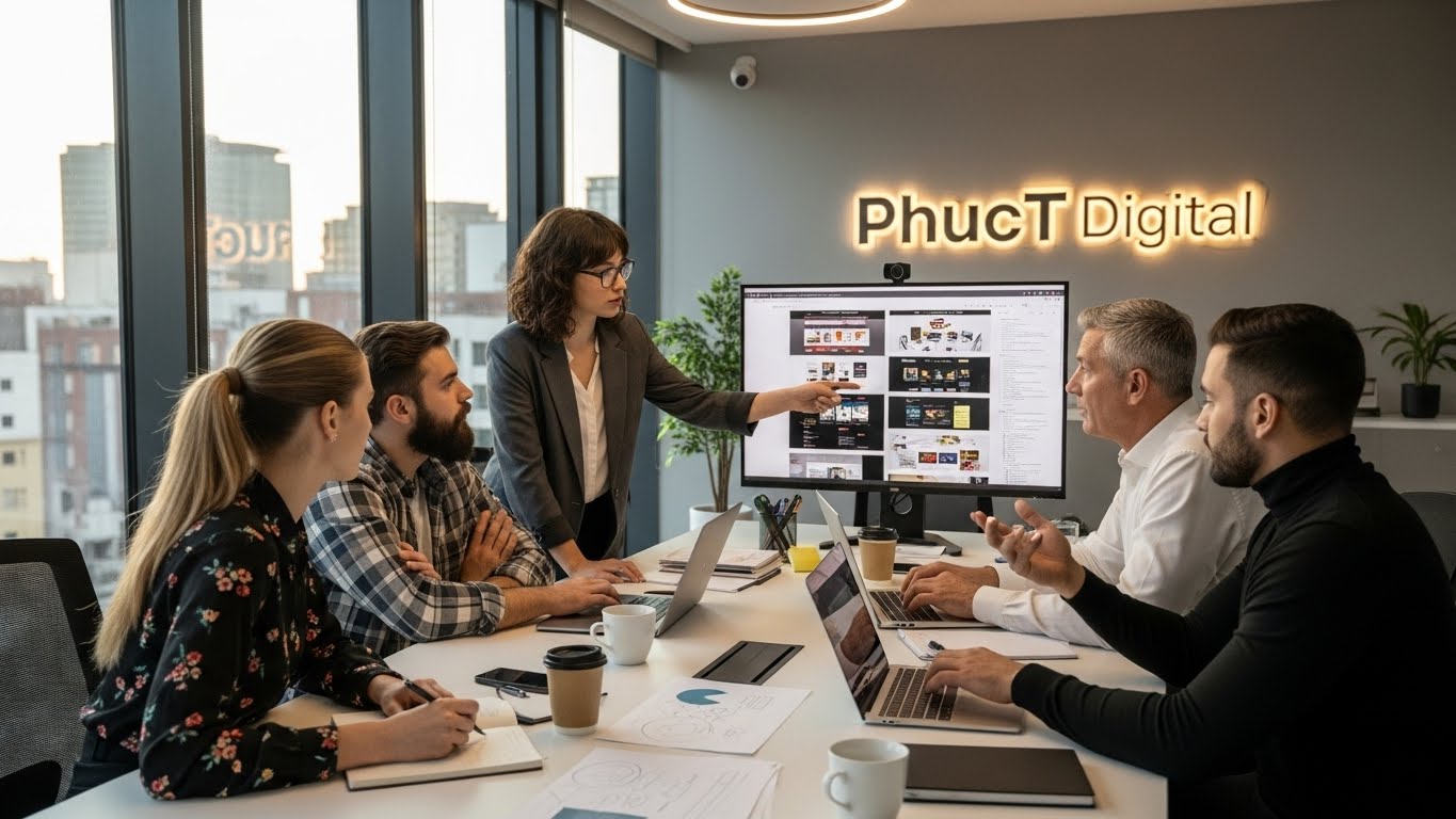 Đội ngũ chuy&ecirc;n gia của PhucT Digital đang thảo luận về dự &aacute;n website 