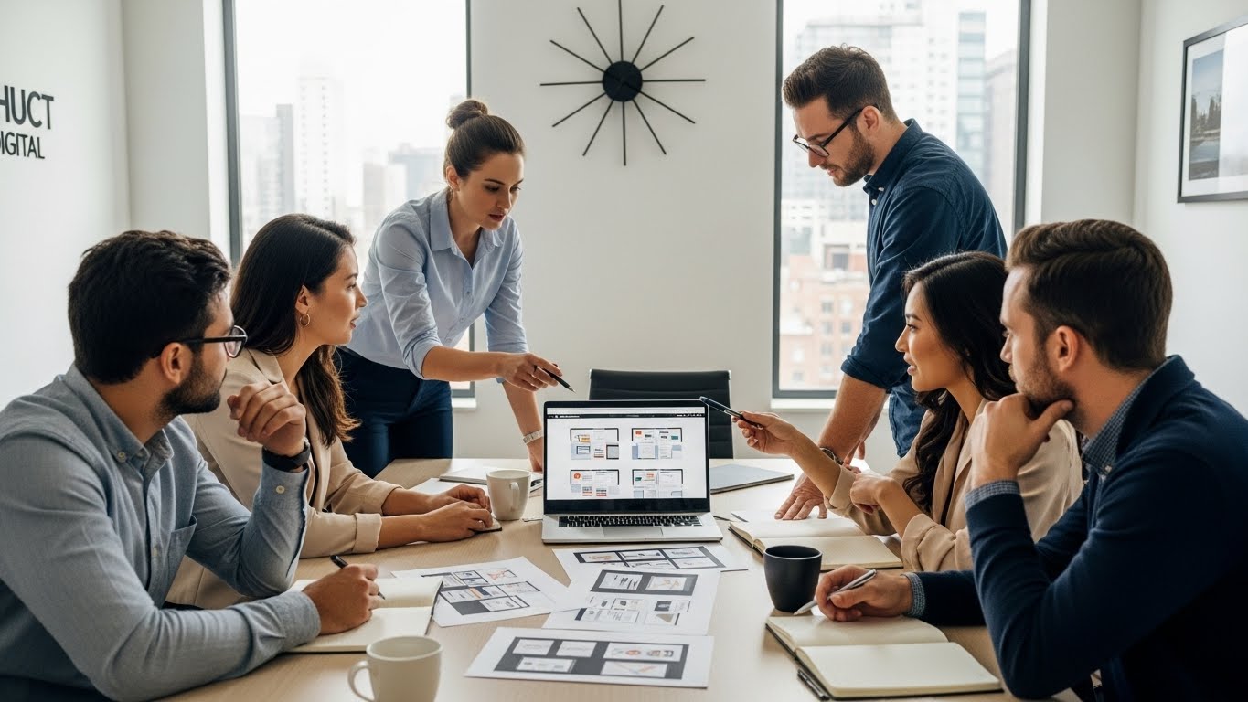 Đội ngũ chuy&ecirc;n gia của PhucT Digital đang thảo luận về một dự &aacute;n thiết kế web 