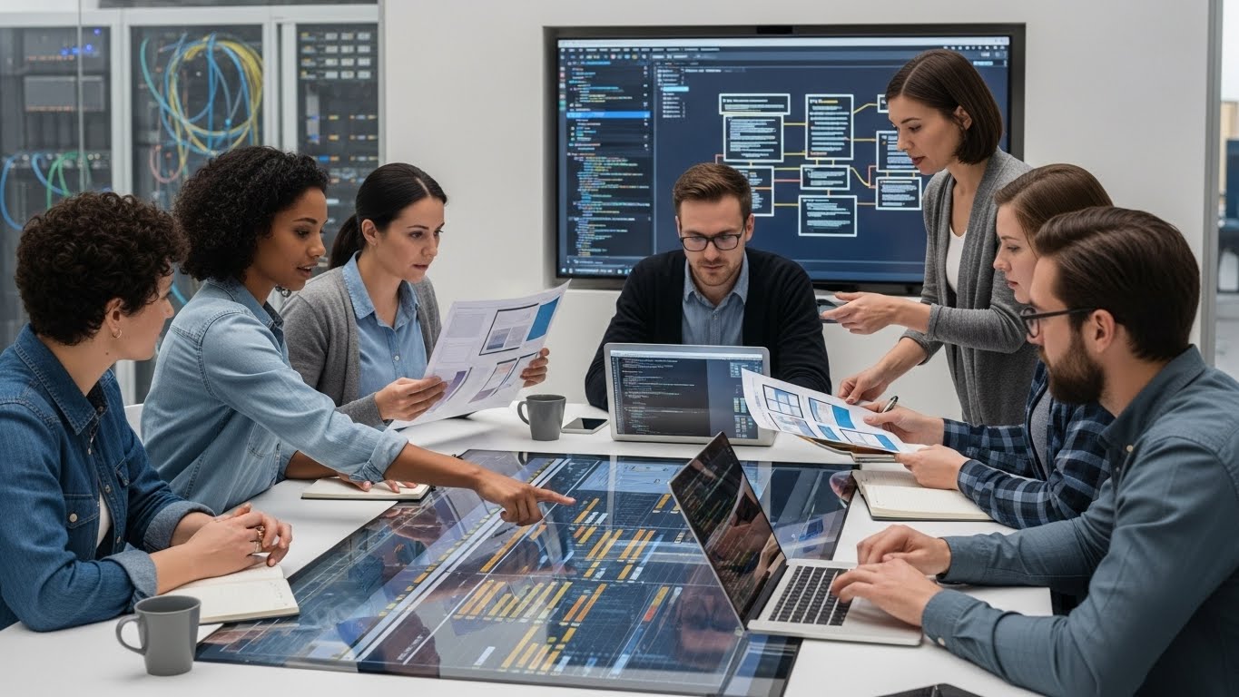 Đội ngũ chuyên gia đang bảo trì và nâng cấp hệ thống website trên máy tính 