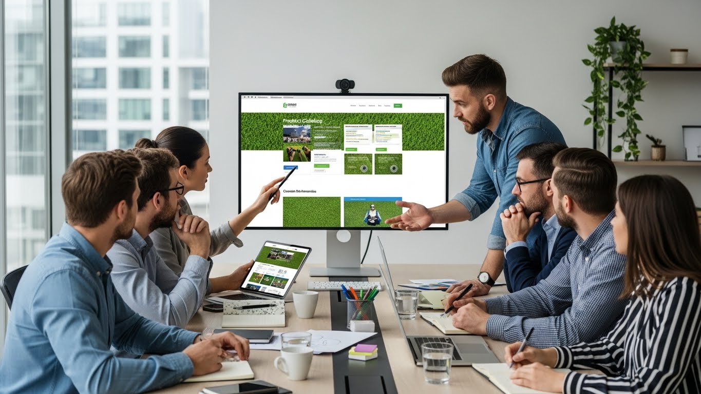 Đội ngũ chuyên gia đang họp bàn về dự án thiết kế website cỏ nhân tạo