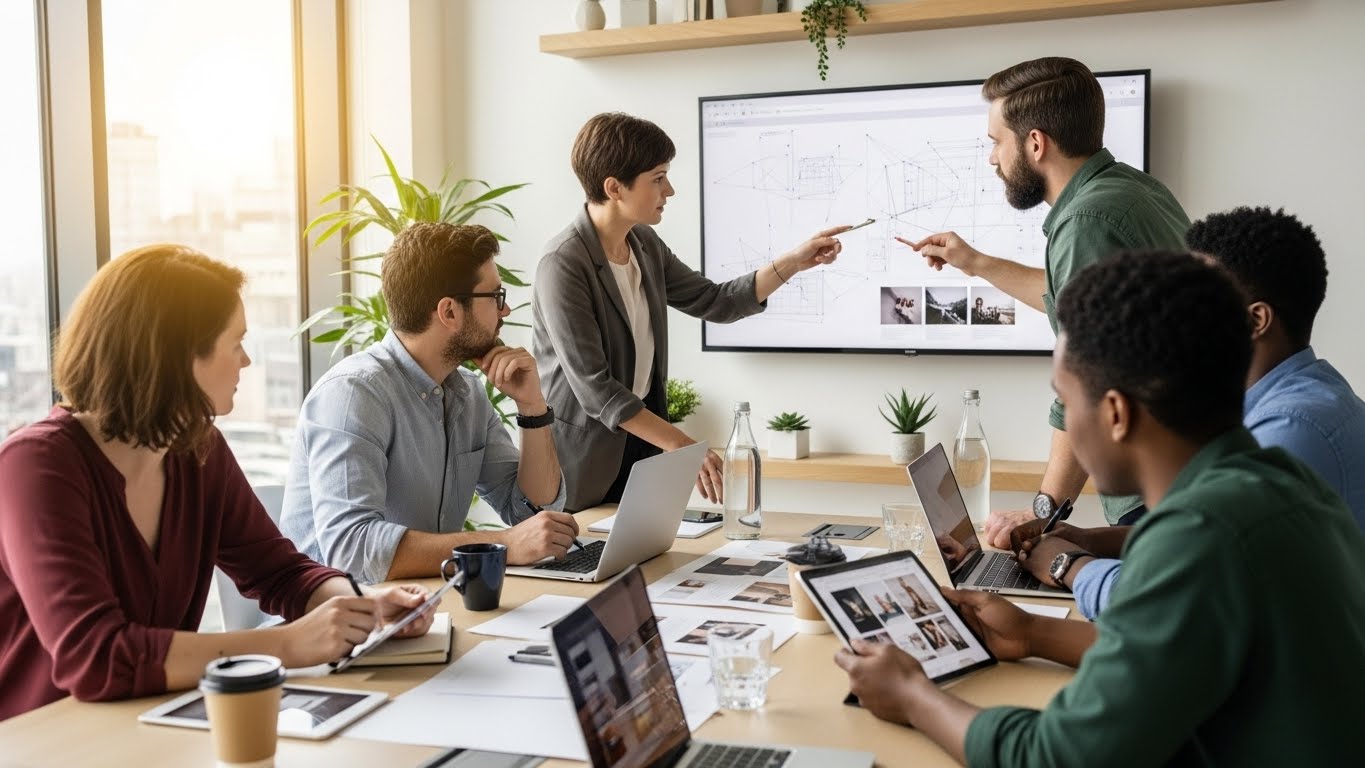 Đội ngũ chuy&ecirc;n gia đang thảo luận về dự &aacute;n thiết kế website dịch vụ cưới 