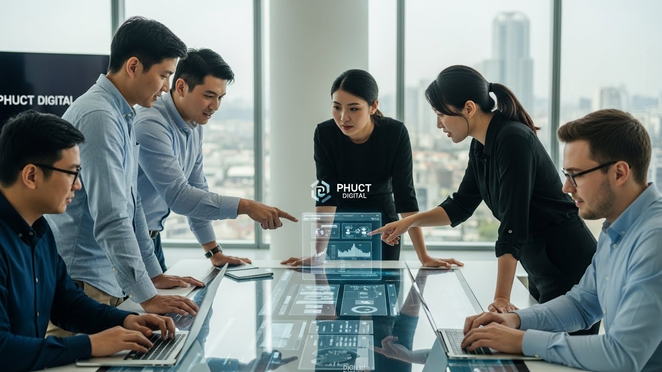 Đội ngũ chuy&ecirc;n gia PhucT Digital đang họp b&agrave;n dự &aacute;n 