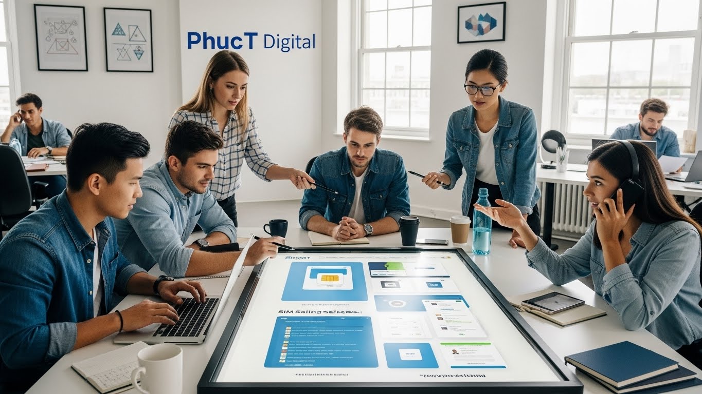 Đội ngũ chuy&ecirc;n gia PhucT Digital đang l&agrave;m việc tr&ecirc;n một dự &aacute;n website b&aacute;n sim 