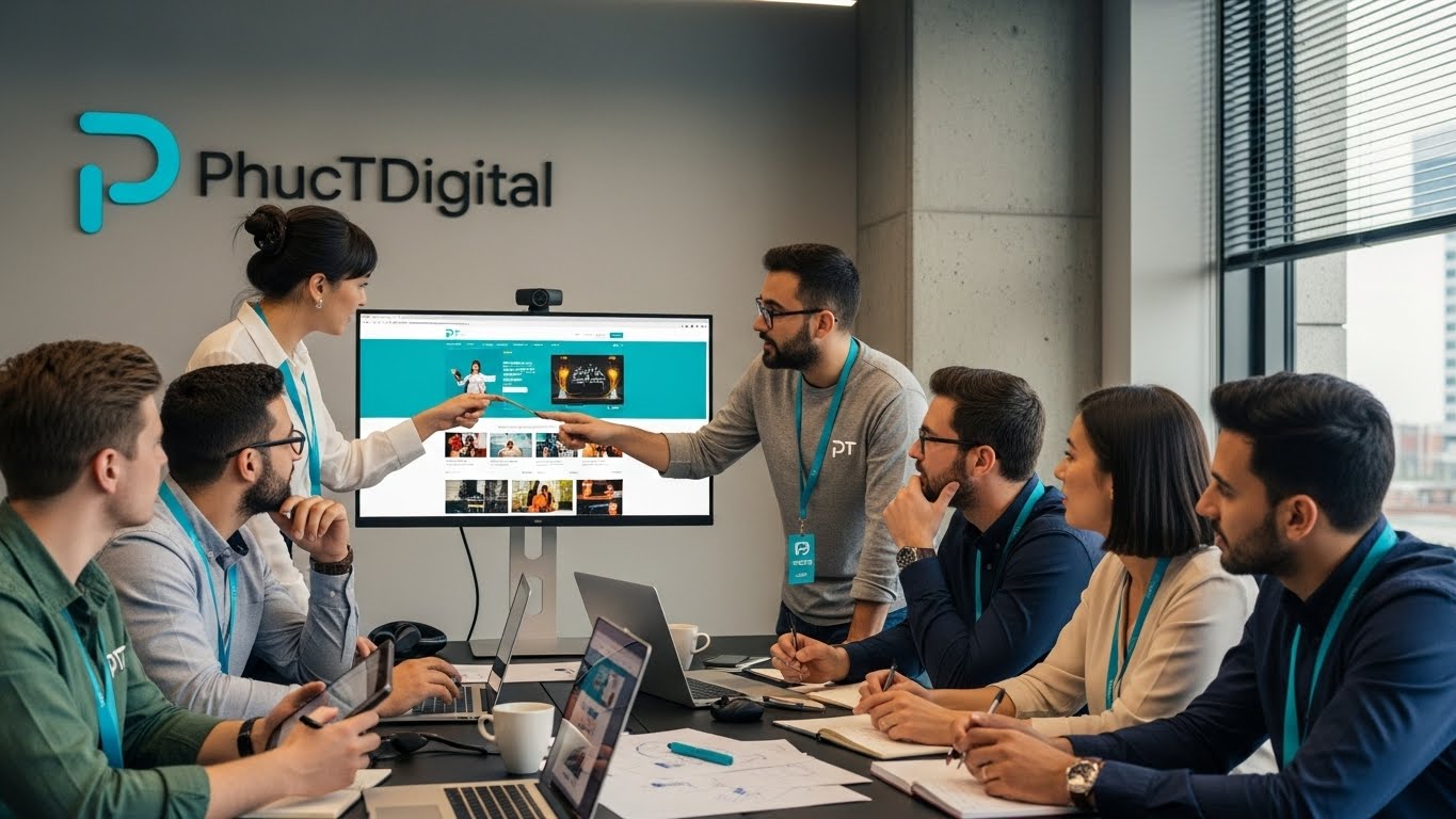 Đội ngũ chuy&ecirc;n gia PhucT Digital đang thảo luận về dự &aacute;n thiết kế web 