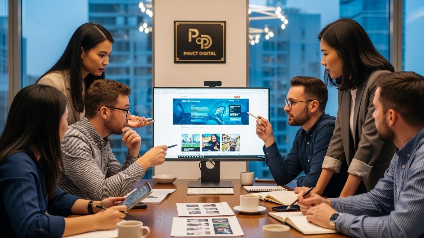 Đội ngũ chuy&ecirc;n gia PhucT Digital đang thảo luận về dự &aacute;n thiết kế web 