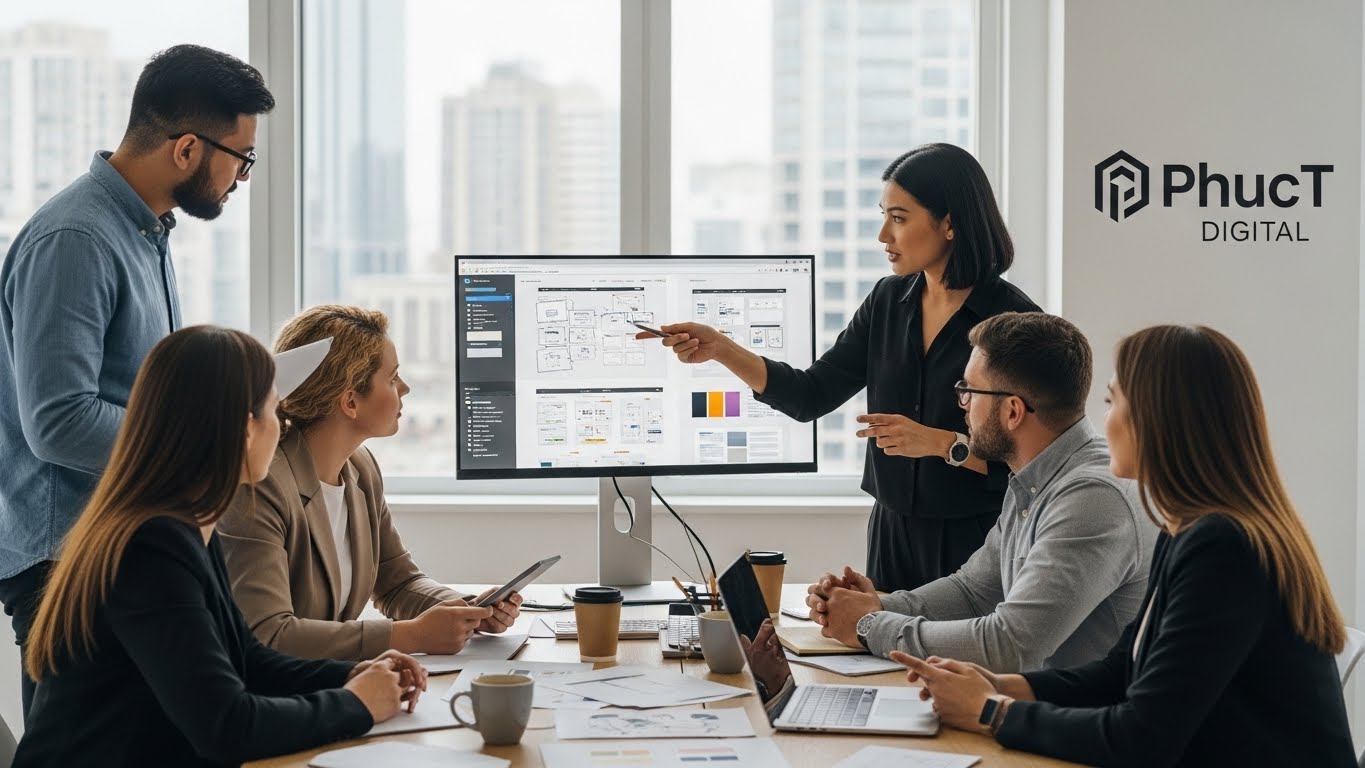 Đội ngũ chuy&ecirc;n gia PhucT Digital đang thảo luận về dự &aacute;n thiết kế website 