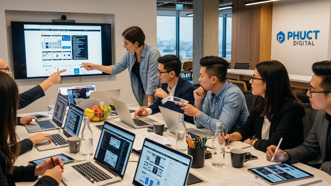 Đội ngũ chuy&ecirc;n gia PhucT Digital đang thảo luận về dự &aacute;n thiết kế website 