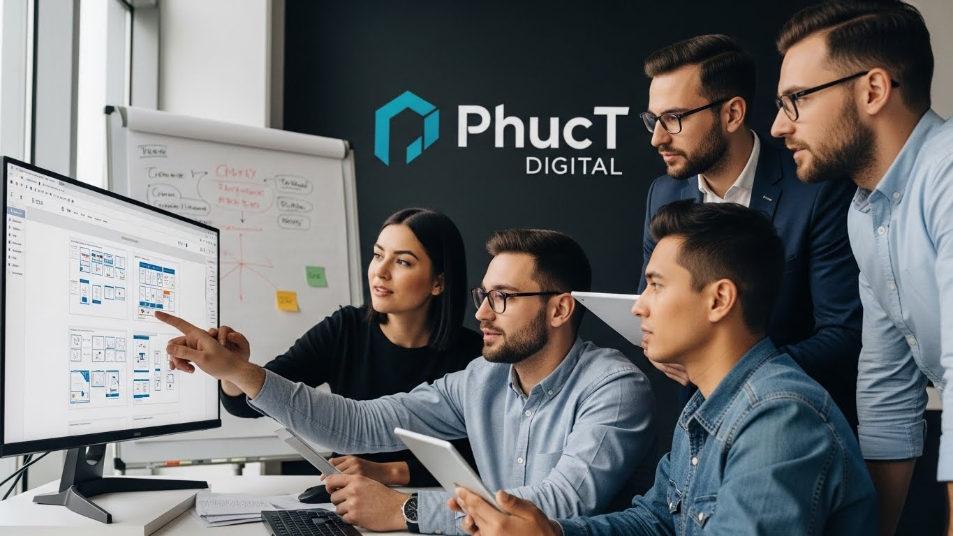 Đội ngũ chuy&ecirc;n gia PhucT Digital đang thảo luận về dự &aacute;n thiết kế website 