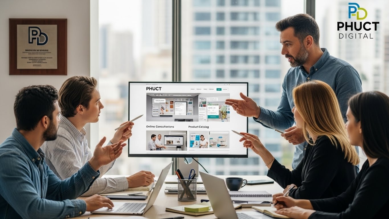 Đội ngũ chuyên gia PhucT Digital đang thảo luận về dự án thiết kế website nhà thuốc.