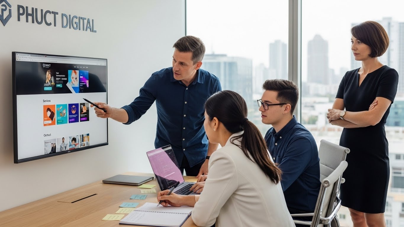 Đội ngũ chuy&ecirc;n gia PhucT Digital đang thảo luận về dự &aacute;n website 