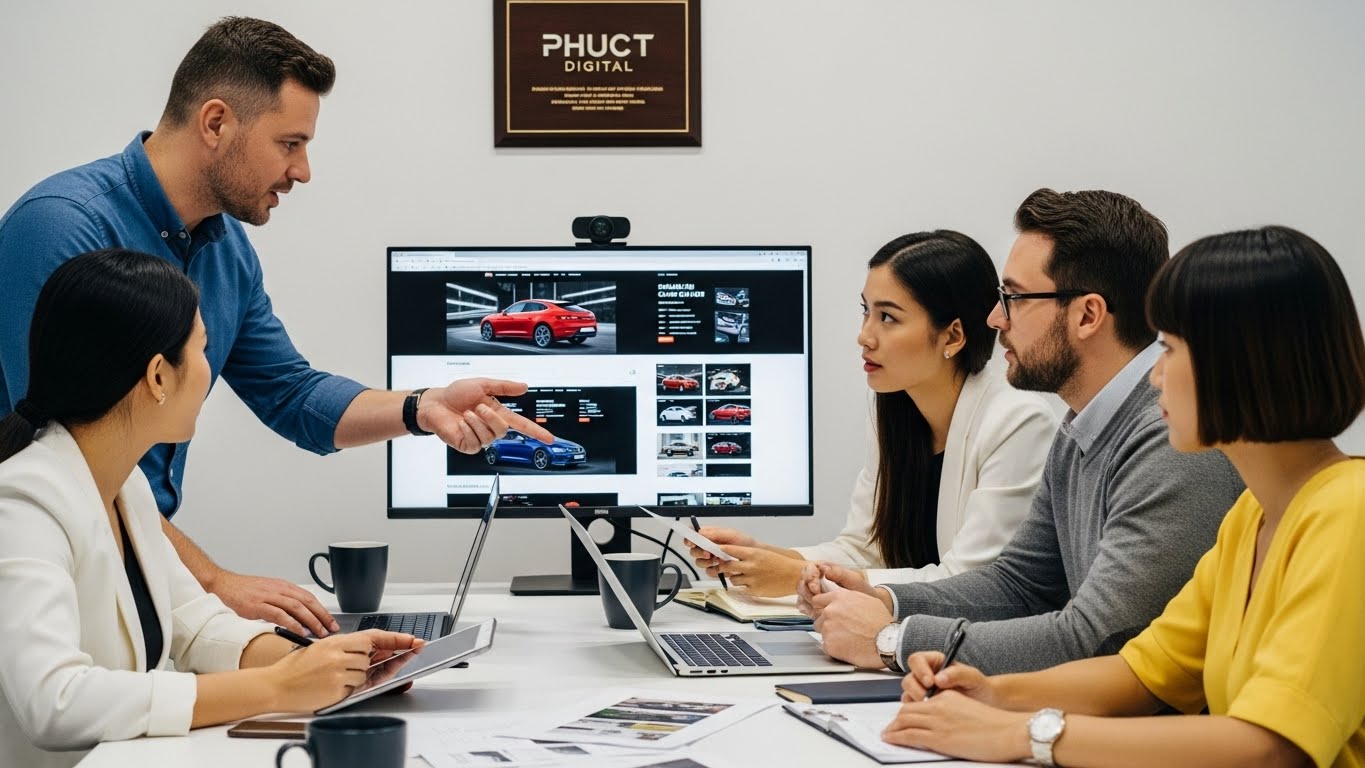 Đội ngũ chuyên gia PhucT Digital đang thảo luận về dự án website ô tô