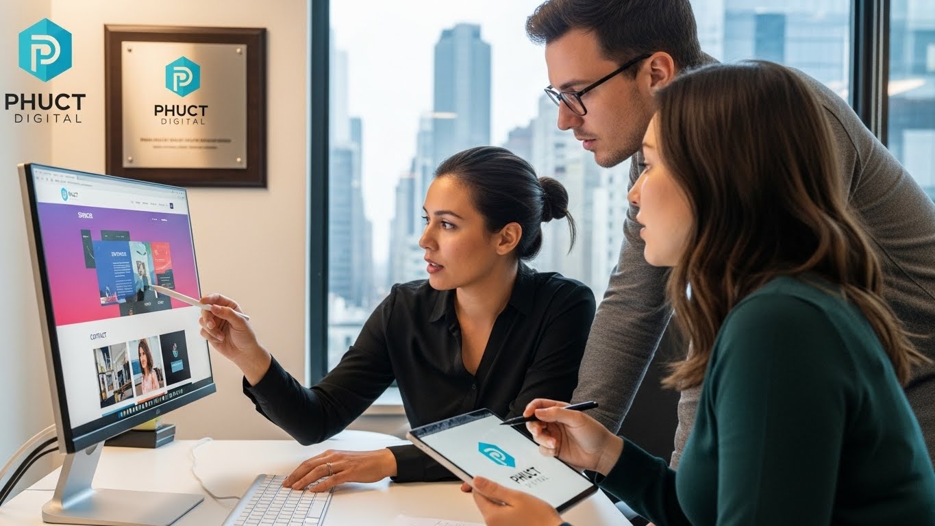 Đội ngũ chuy&ecirc;n gia PhucT Digital đang thảo luận về một dự &aacute;n thiết kế web 