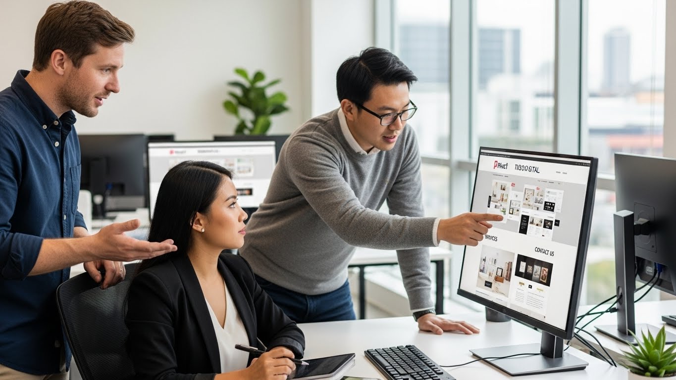 Đội ngũ chuy&ecirc;n gia PhucT Digital đang thảo luận về một dự &aacute;n thiết kế website 