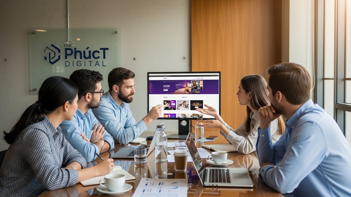 Đội ngũ chuy&ecirc;n gia PhucT Digital đang thảo luận về một dự &aacute;n thiết kế website. 