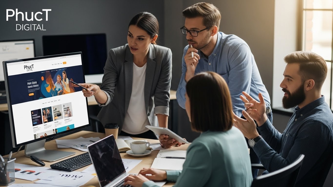 Đội ngũ chuy&ecirc;n gia PhucT Digital đang thảo luận về một dự &aacute;n thiết kế website. 