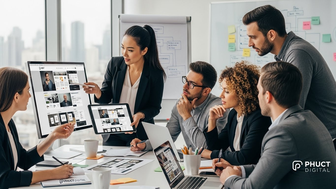 Đội ngũ chuy&ecirc;n gia PhucT Digital đang thảo luận về một dự &aacute;n thiết kế website 