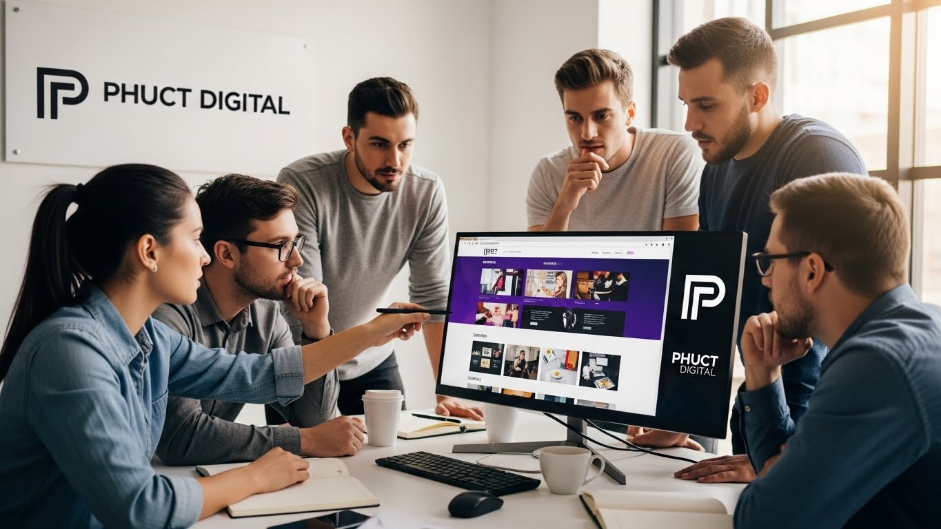 Đội ngũ chuy&ecirc;n gia PhucT Digital đang thảo luận về một dự &aacute;n thiết kế website. 