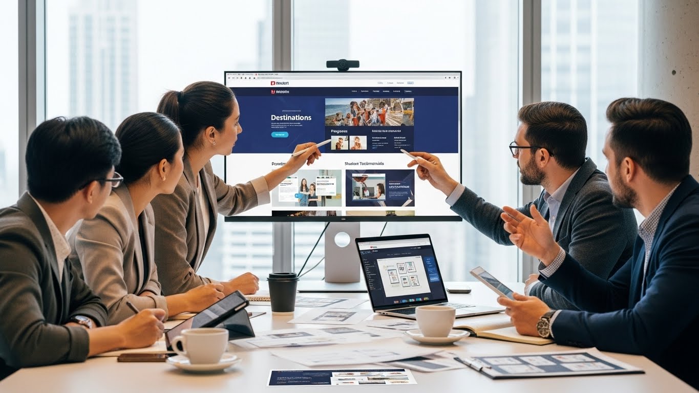 Đội ngũ chuy&ecirc;n gia PhucT Digital đang thảo luận về một dự &aacute;n thiết kế website du học. 