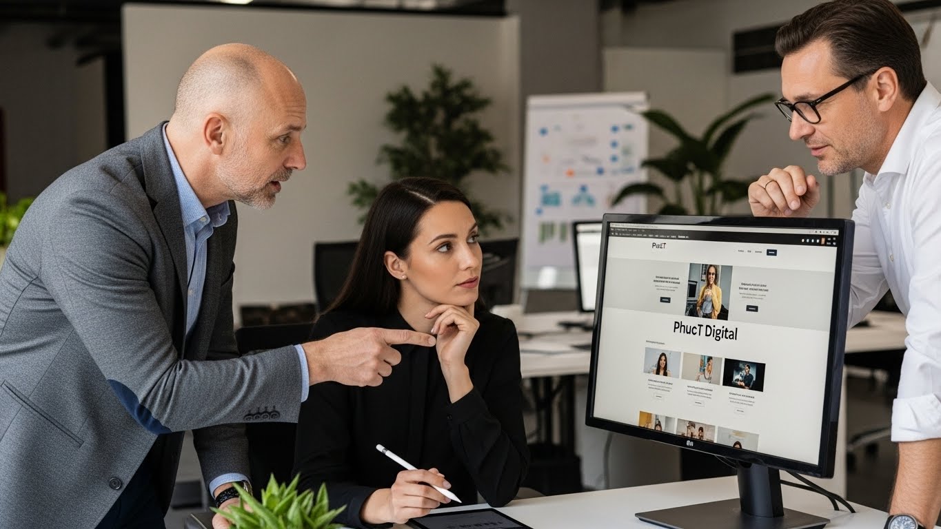 Đội ngũ chuy&ecirc;n gia PhucT Digital đang thảo luận về một dự &aacute;n website 